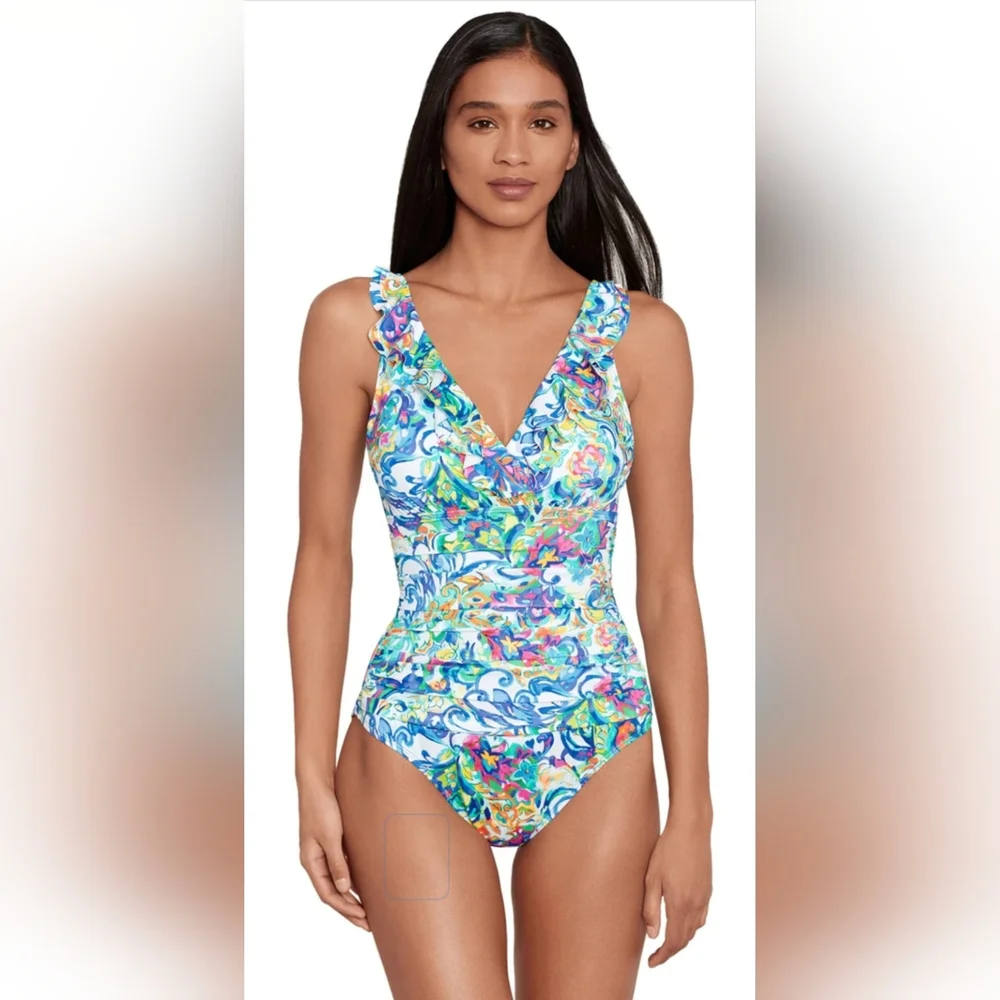 Ralph Lauren Women's Watercolor Paisley Ruffle One Piece Swimsuit size 14 NWOT